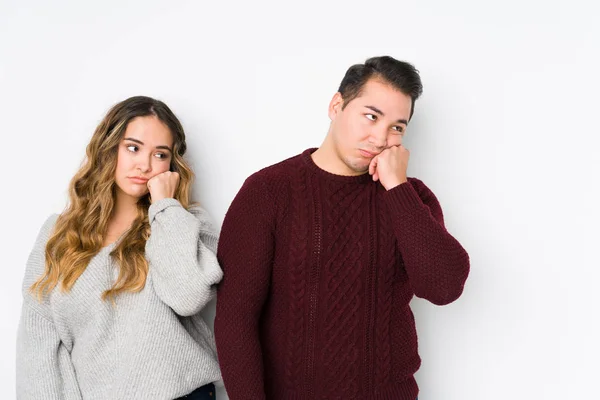 Young Couple Posing White Background Who Feels Sad Pensive Looking — 스톡 사진