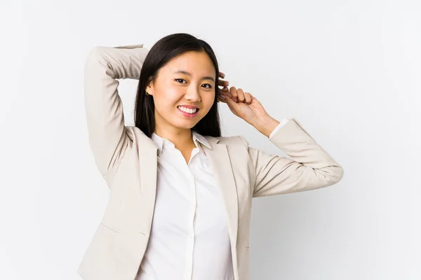 Young Chinese Business Woman Isolated Stretching Arms Relaxed Position — 스톡 사진