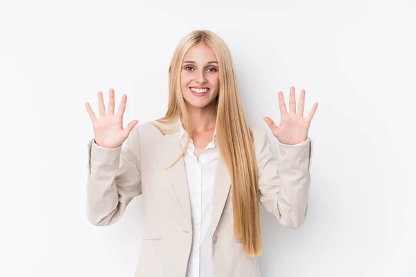 Young Business Blonde Woman White Background Showing Number Ten Hands — 스톡 사진