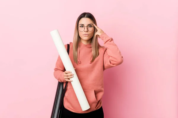 Young Woman Studying Architecture Pointing Temple Finger Thinking Focused Task — 스톡 사진