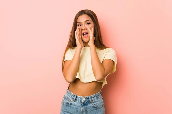 Young Slim Woman Shouting Excited Front — Stock Photo, Image