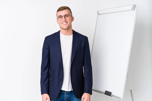 Young Coaching Man Showing White Board Happy Smiling Cheerful — Stock Photo, Image