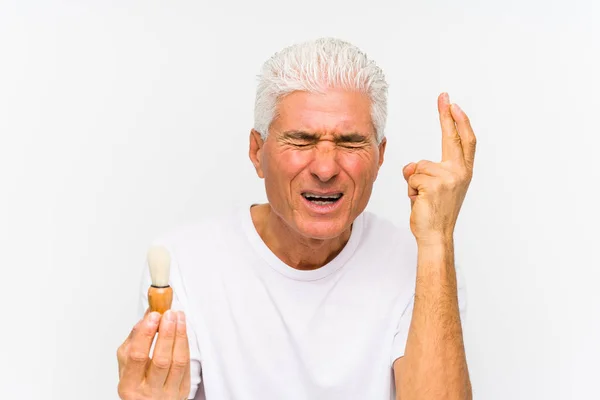 Senior Caucasian Man Recently Shaved Crossing Fingers Having Luck — Stockfoto