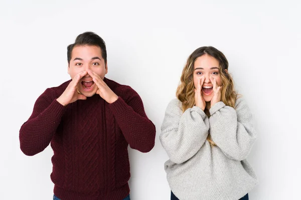 Young Couple Posing White Background Shouting Excited Front — 스톡 사진