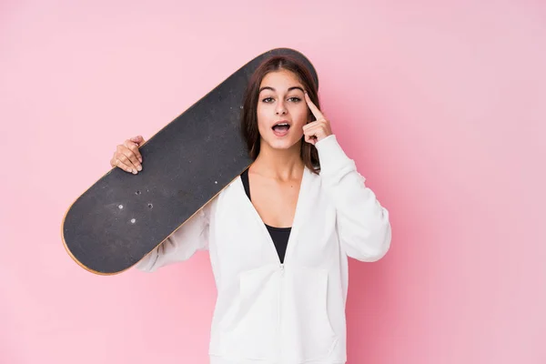 Young Caucasian Skater Woman Holding Skate Showing Disappointment Gesture Forefinger — 图库照片