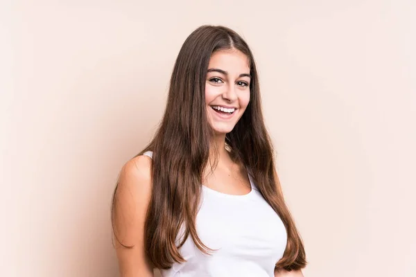 Young Cute Caucasian Woman Beige Background — Stock Photo, Image