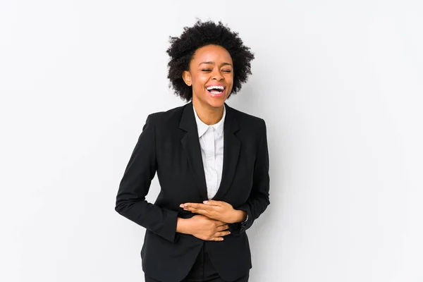 Middle Aged African American Business Woman White Background Isolated Laughs — 스톡 사진