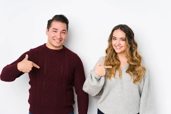 Young Couple Posing White Background Person Pointing Hand Shirt Copy — 스톡 사진