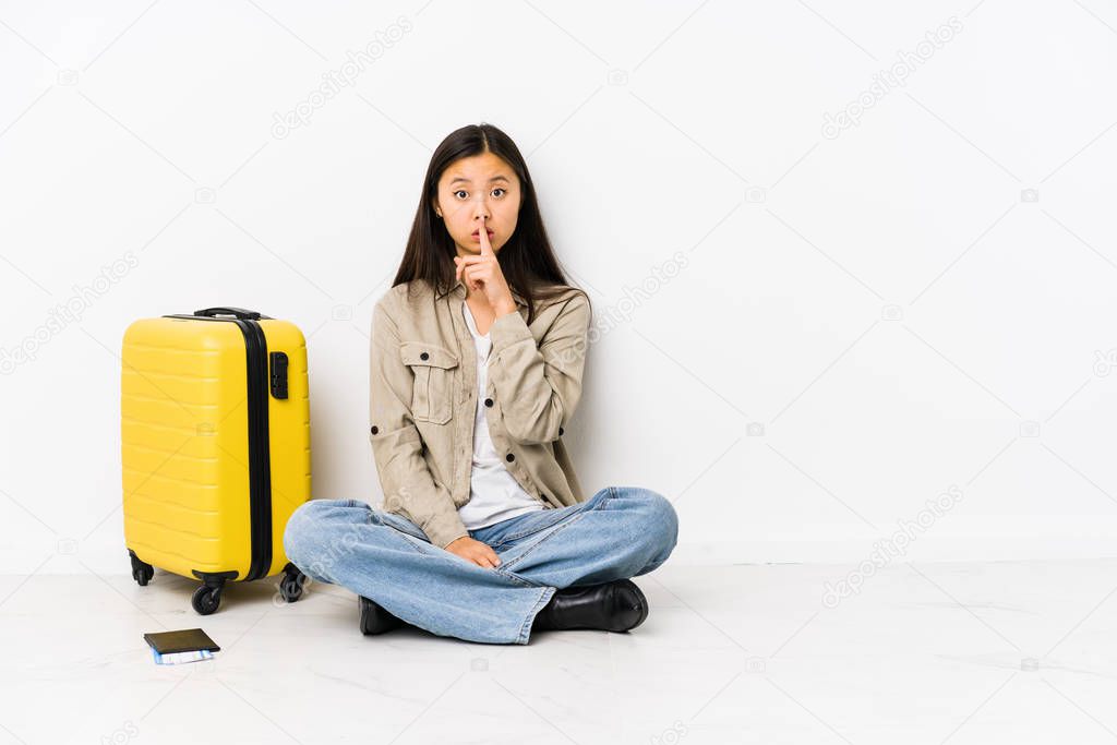 Young chinese traveler woman sitting holding a boarding passes keeping a secret or asking for silence.