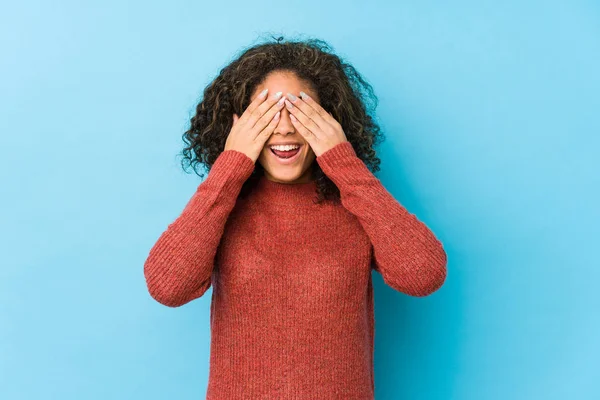 Young African American Curly Hair Woman Covers Eyes Hands Smiles — 스톡 사진