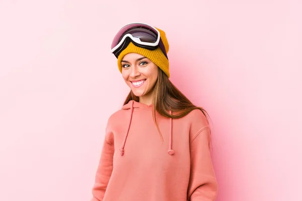 Young Caucasian Woman Wearing Ski Clothes Isolated Happy Smiling Cheerful — 스톡 사진