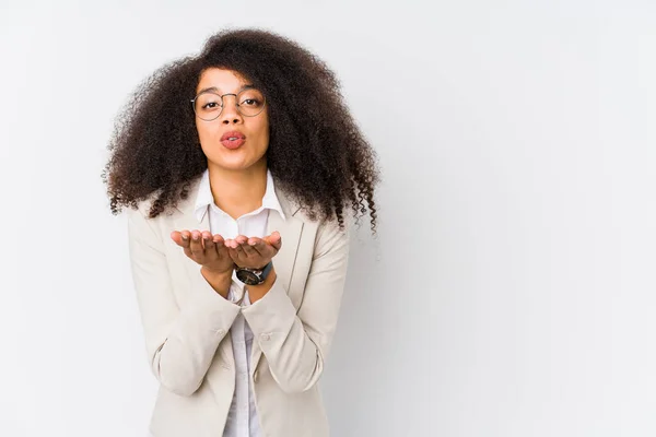 Jeune Femme Affaires Afro Américaine Pliant Les Lèvres Tenant Les — Photo