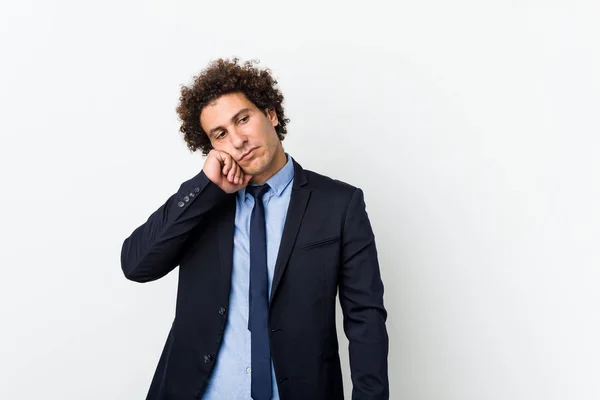 Young Business Curly Man White Background Who Feels Sad Pensive — 스톡 사진