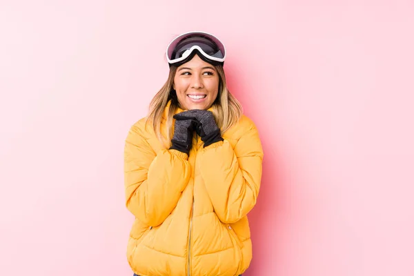 Young Caucasian Woman Wearing Ski Clothes Pink Background Keeps Hands — 스톡 사진