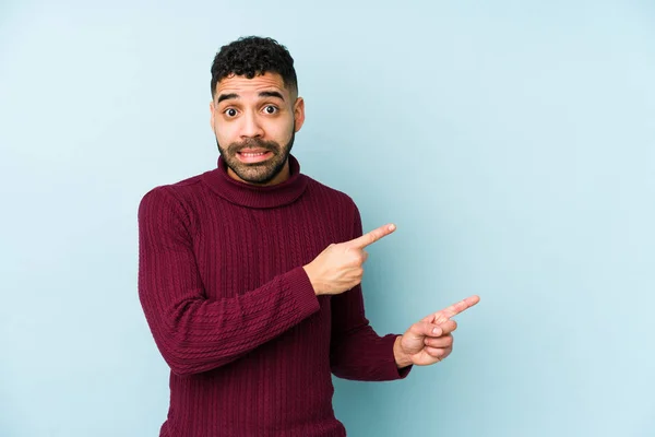 Young Mixed Race Arabic Man Isolated Shocked Pointing Index Fingers — Stock Photo, Image