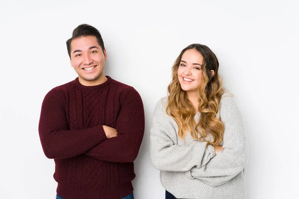 Young Couple Posing White Background Laughing Having Fun — 스톡 사진