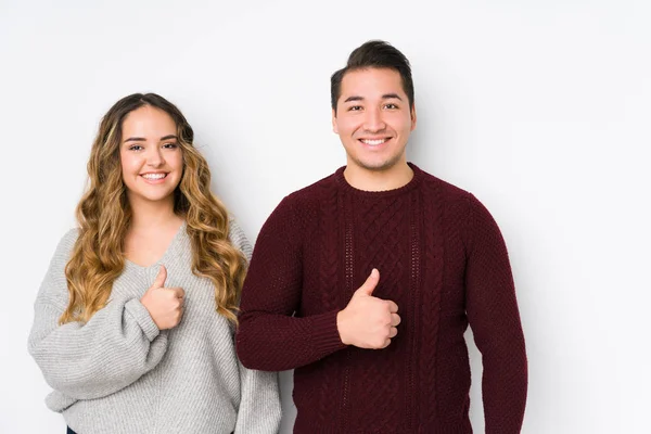 Young Couple Posing White Background Smiling Raising Thumb — 스톡 사진