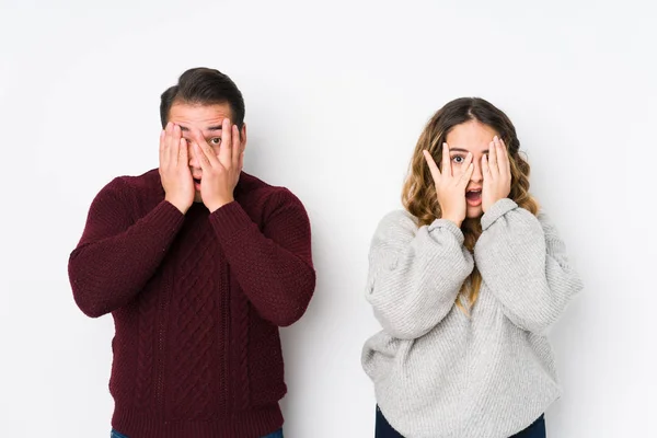 Young Couple Posing White Background Blink Fingers Frightened Nervous — 스톡 사진