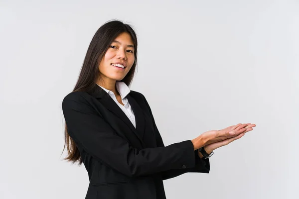 Young Asian Business Woman Holding Copy Space Palm — 스톡 사진