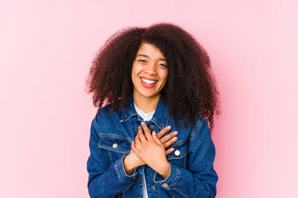 Young African American Woman Laughing Keeping Hands Heart Concept Happiness — Stock Photo, Image
