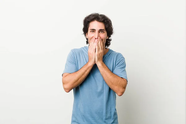 Young Handsome Man White Background Laughing Something Covering Mouth Hands — 스톡 사진