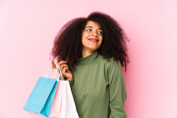 Young Afro Woman Shopping Isolated Young Afro Woman Buying — Stok fotoğraf