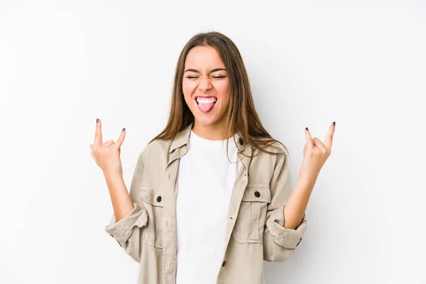 Young Caucasian Woman Isolated Showing Rock Gesture Fingers — Stock Photo, Image