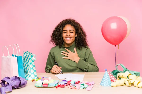 Young African American Woman Planning Birthday Laughs Out Loudly Keeping — 스톡 사진