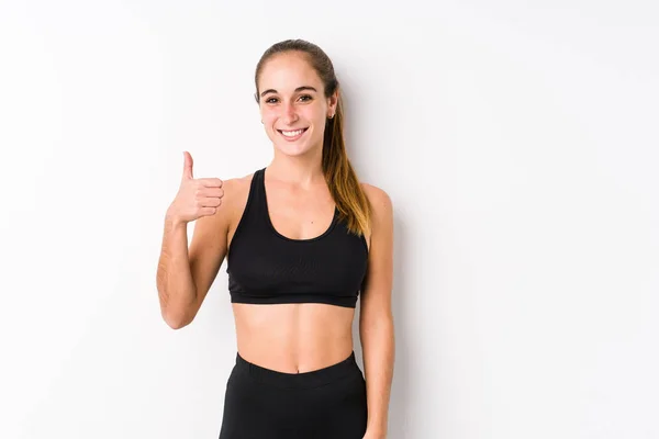 Young Caucasian Fitness Woman Posing White Background Smiling Raising Thumb — Stock Photo, Image