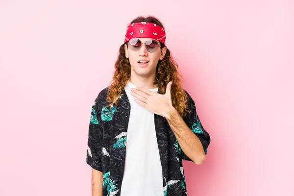 Young Hippie Caucasian Man Isolated Laughs Out Loudly Keeping Hand — Stock Photo, Image