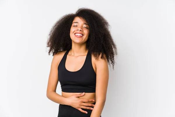 Young African American Sporty Woman Touches Tummy Smiles Gently Eating — Stock Photo, Image