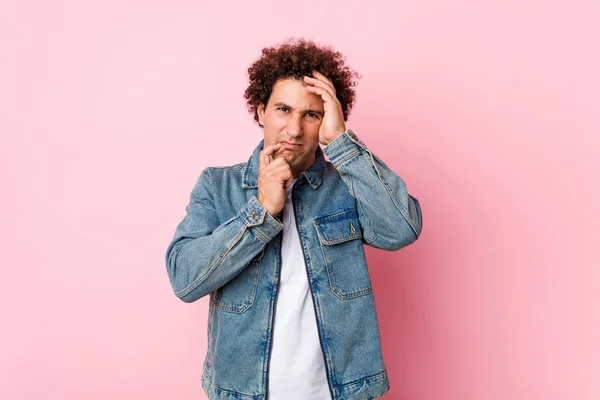 Curly Mature Man Wearing Denim Jacket Pink Background Whining Crying — 스톡 사진