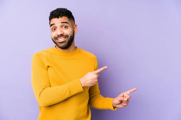 Young Mixed Race Arabic Man Isolated Shocked Pointing Index Fingers — Stock Photo, Image