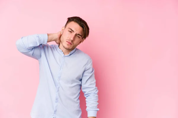 Young Caucasian Man Posing Pink Background Isolated Touching Back Head — 스톡 사진