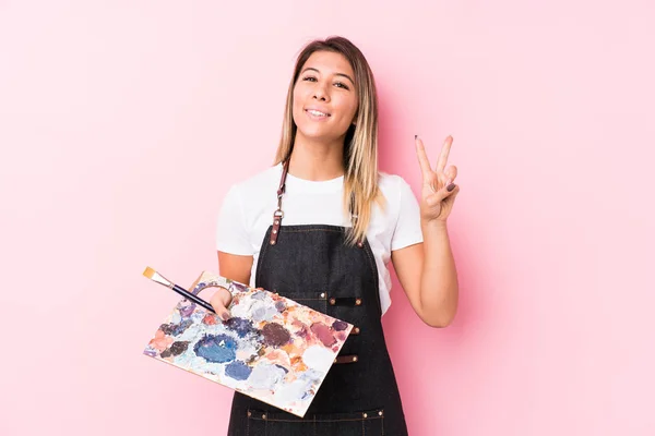 Νεαρή Καλλιτέχνης Καυκάσιος Γυναίκα Κρατώντας Ένα Palett Απομονωμένο Δείχνει Νούμερο — Φωτογραφία Αρχείου