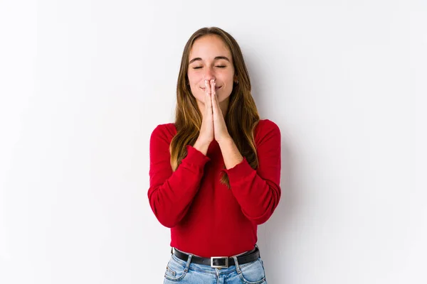 Young Caucasian Woman Posing Isolated Holding Hands Pray Mouth Feels — Stock Photo, Image