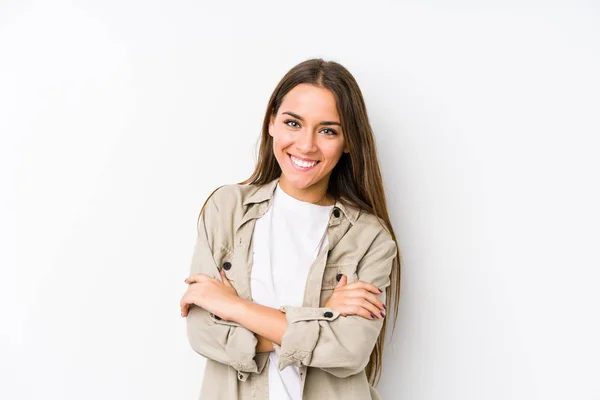 Young Caucasian Woman Isolated Who Feels Confident Crossing Arms Determination — Stock Photo, Image