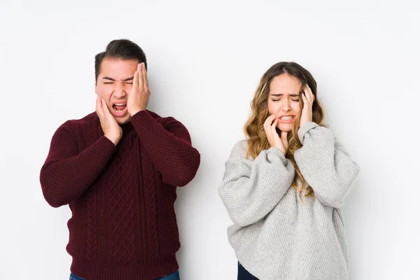 Young Couple Posing White Background Whining Crying Disconsolately — Stok fotoğraf