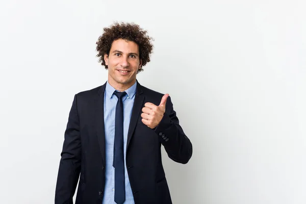Young Business Curly Man White Background Smiling Raising Thumb — 스톡 사진