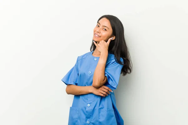 Young Asian Nurse Woman Showing Mobile Phone Call Gesture Fingers — 스톡 사진