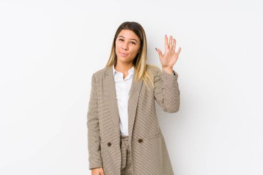 Young caucasian business woman isolated smiling cheerful showing number five with fingers.