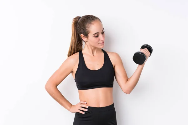 Jonge Kaukasische Sportieve Vrouw Met Een Halter — Stockfoto