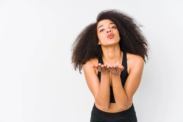 Young African American Sporty Woman Folding Lips Holding Palms Send — 스톡 사진