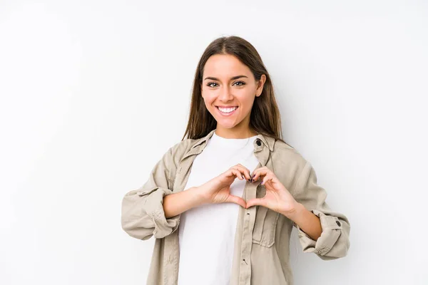 Young Caucasian Woman Isolated Smiling Showing Heart Shape Hands — Stock Photo, Image