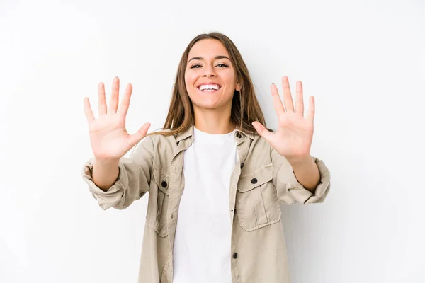 Mujer Joven Caucásica Aislada Mostrando Número Diez Con Las Manos — Foto de Stock