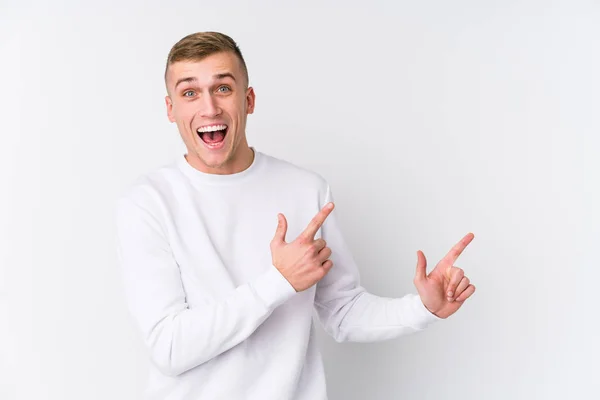 Young Caucasian Man White Background Pointing Forefingers Copy Space Expressing — Stock Photo, Image