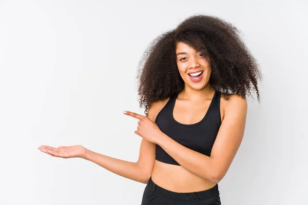 Young African American Sporty Woman Excited Holding Copy Space Palm — Stock Photo, Image