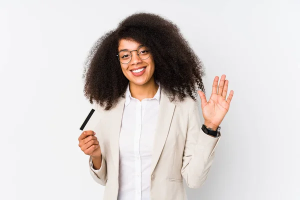 Jovem Afro Mulher Negócios Segurando Carro Crédito Isolado Jovem Afro — Fotografia de Stock