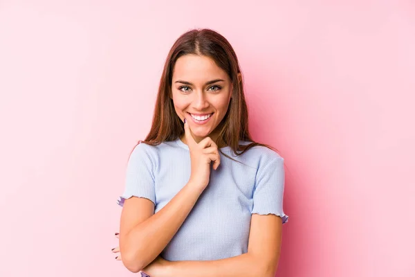 Young Caucasian Woman Wearing Ski Clothes Isolated Smiling Happy Confident — 스톡 사진