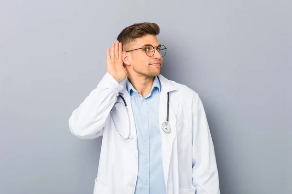 Young Blonde Doctor Man Trying Listening Gossip — 스톡 사진